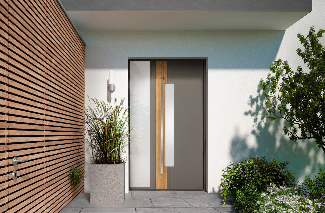 Porte d'entrée aluminium avec vitrage et décor bois