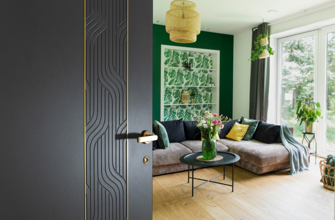 Porte d'entrée aluminium avec décor sculpté 3D