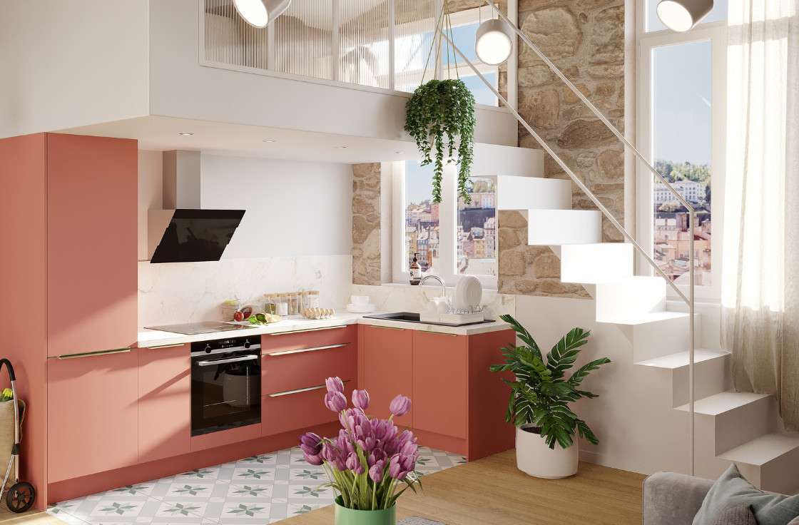 Cuisine moderne corail en L sur mesure | Bastia