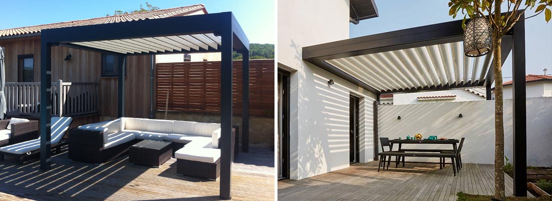 Pergola bioclimatique alu lames inclinées position ouverte