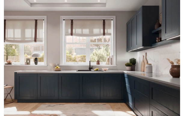 meubles cuisine en L bleu velours