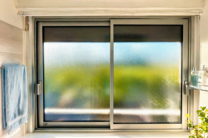 Fenêtre coulissante aluminium avec vitrage dépoli dans une salle de bain à Vernon
