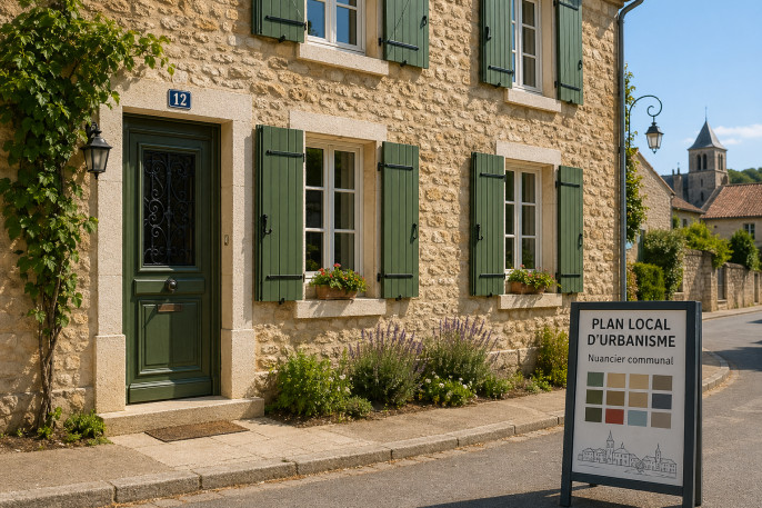 Façade en pierre avec volets verts conformes au PLU - nuancier communal de couleurs de menuiseries
